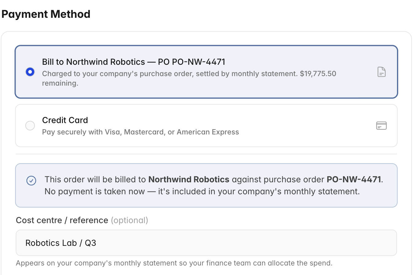 The optional Cost centre / reference field shown under the company purchase-order payment option at checkout