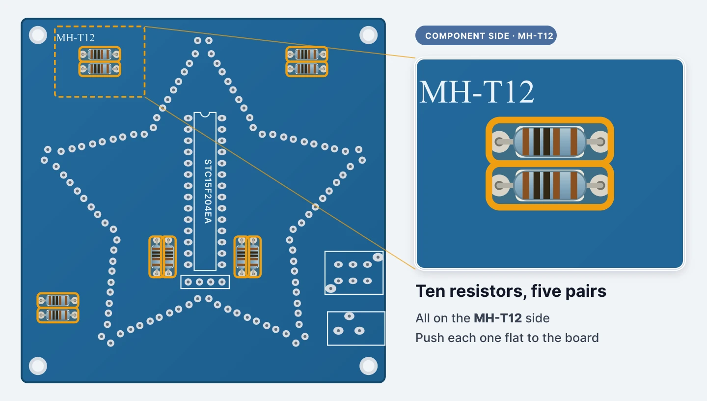 Fit the ten resistors on the MH-T12 side