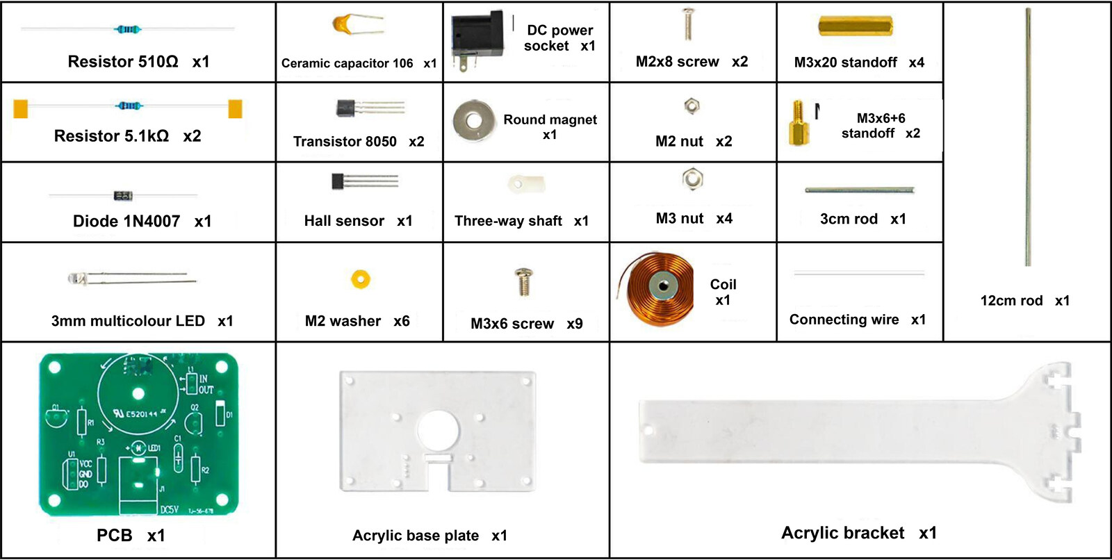 Photographic inventory of every part supplied in the TJ-56-678 electronic swing kit, each labelled in English with its quantity