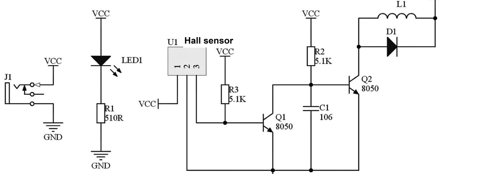 Electronic swing kit circuit diagram showing the 3144 Hall sensor, Q1 and Q2 transistors, coil L1 and flyback diode D1
