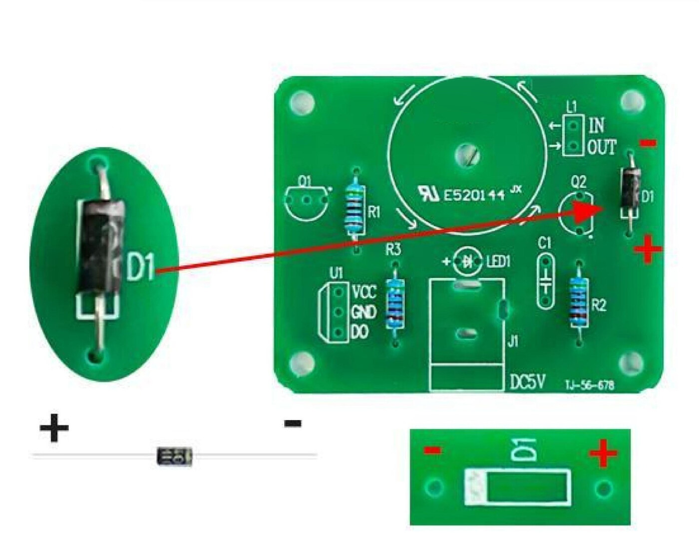 Solder D1 — 1N4007 diode