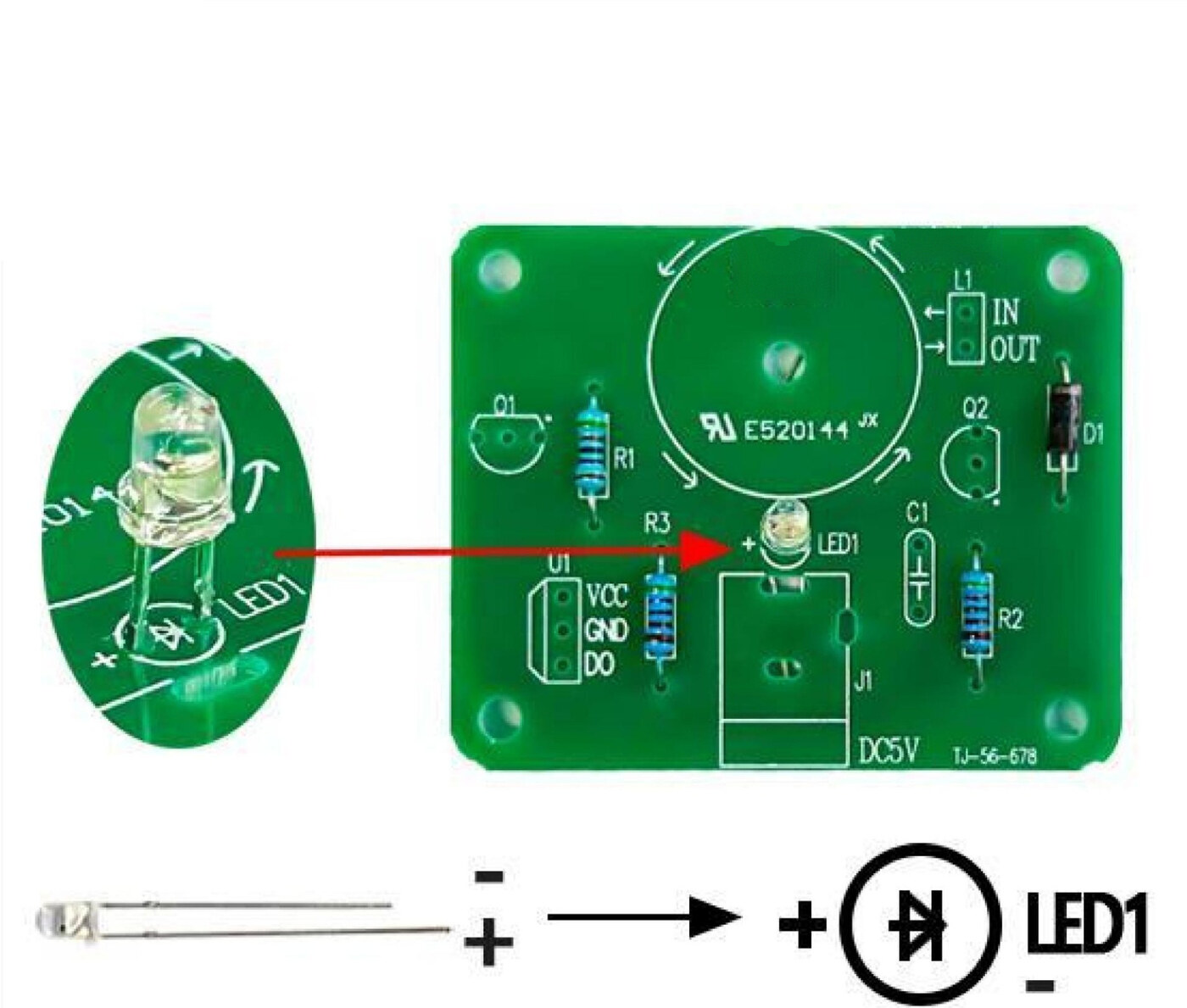 Solder LED1 — 3 mm colour-changing LED