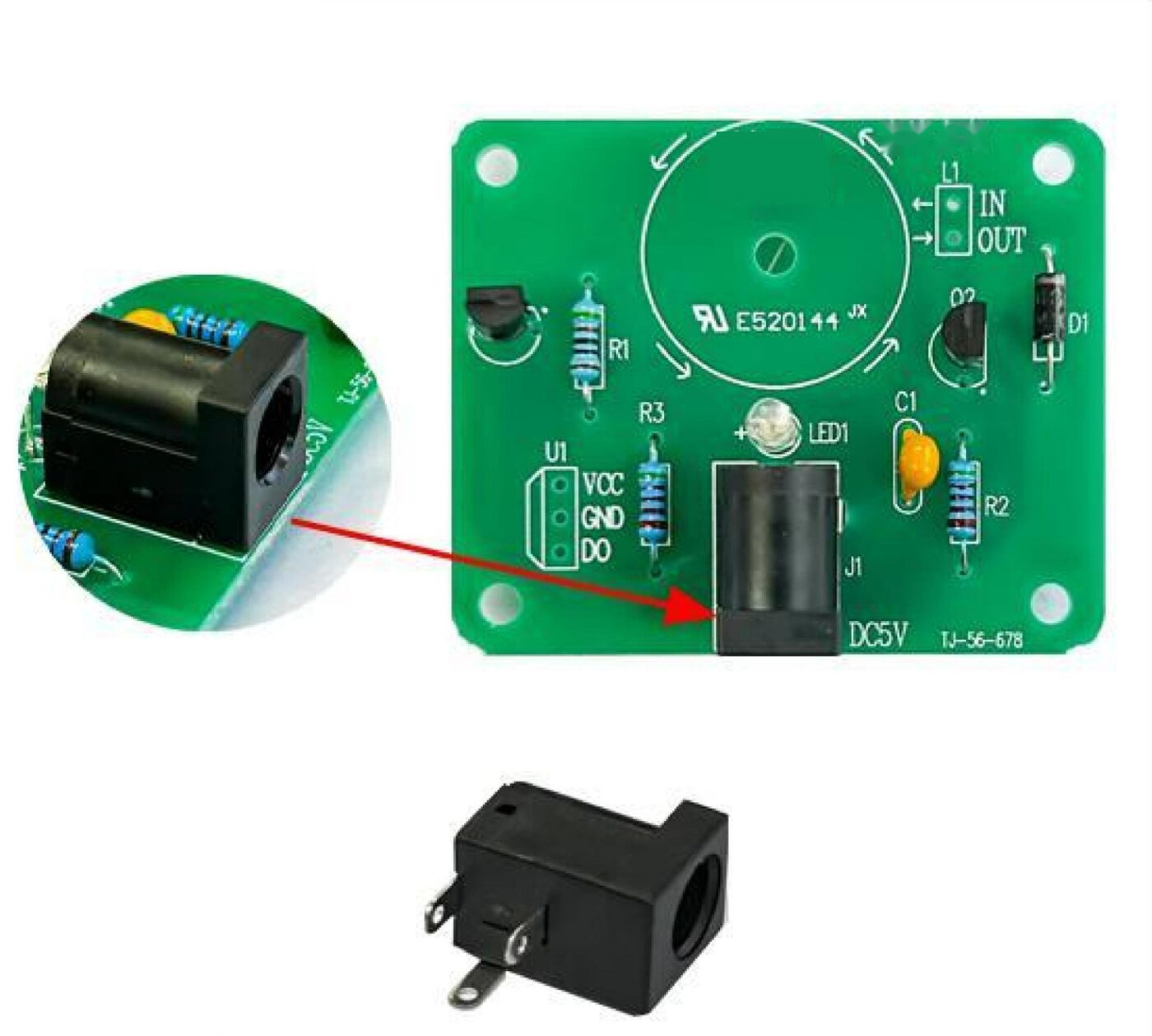 Solder J1 — DC power socket