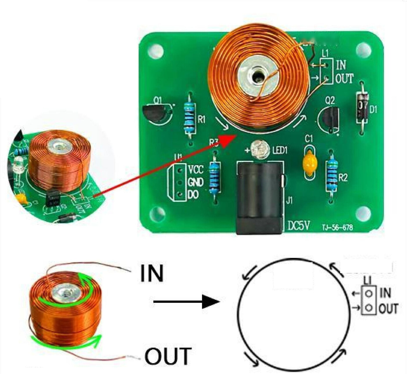 Solder the coil to L1 — mind IN and OUT