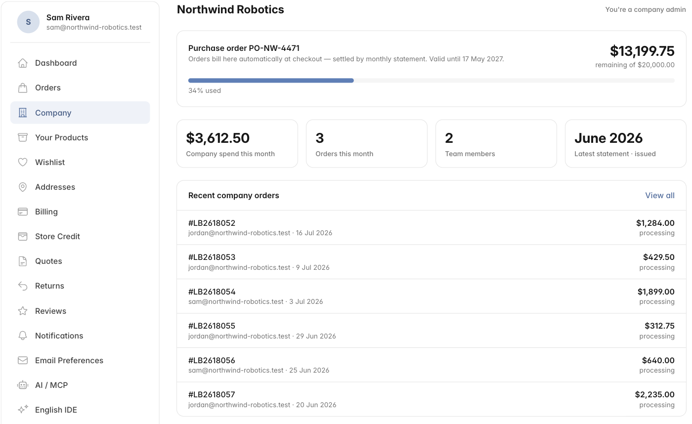 The company admin overview: the purchase order balance with a usage bar, this month's spend, order count, team size, latest statement, and a list of recent company orders