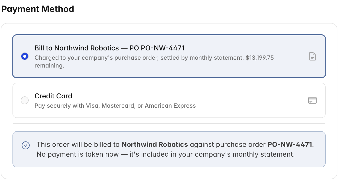 The checkout Payment Method step showing a 'Bill to [company] — PO' option selected, with the remaining balance and a confirmation that no payment is taken now