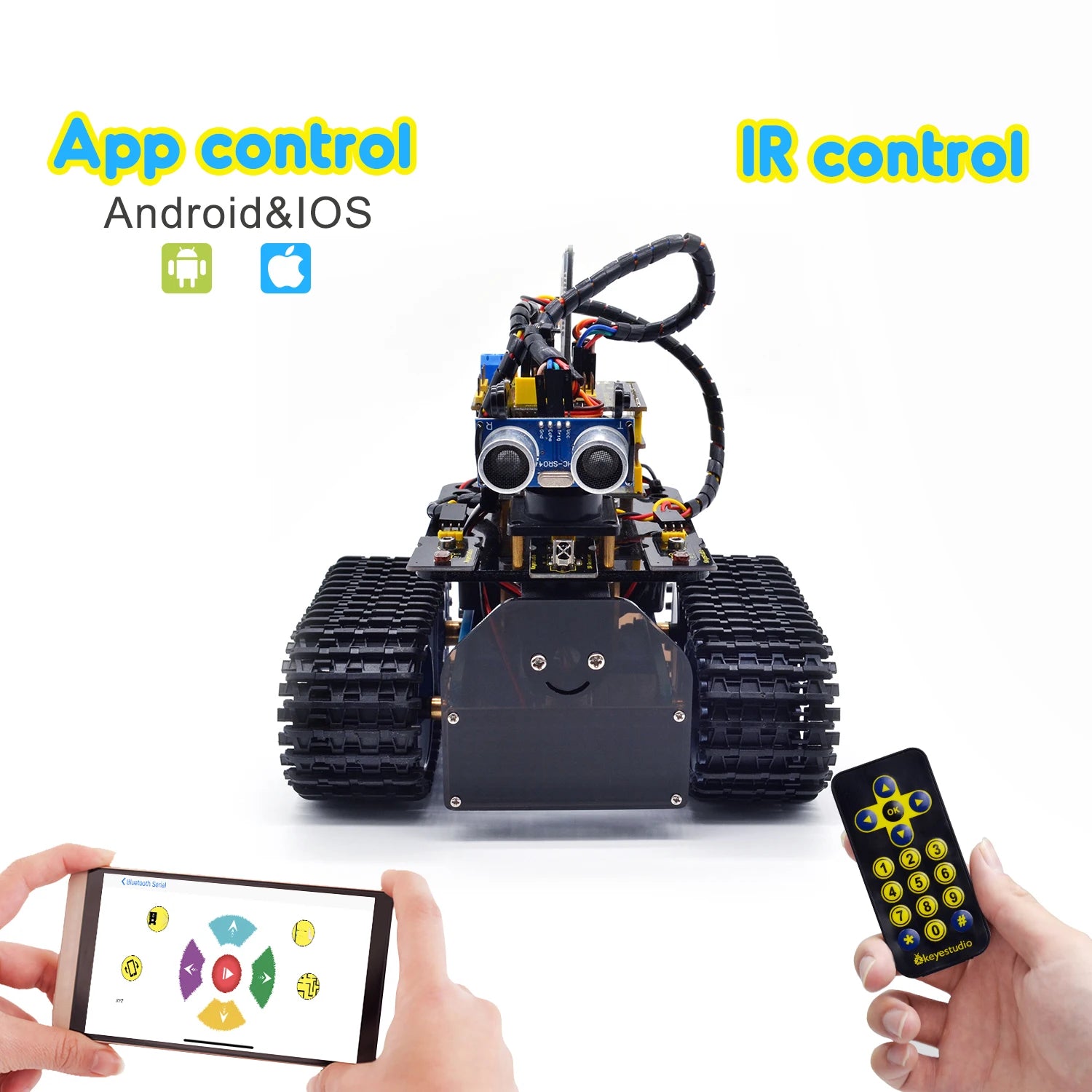 KEYESTUDIO Mini Robot de réservoir Smart Car Kit de Suivi par ultrasons et lumière Infrarouge Télécommande électronique DIY Kit robotique pour Enfants et Adolescents Compatible iOS et Android